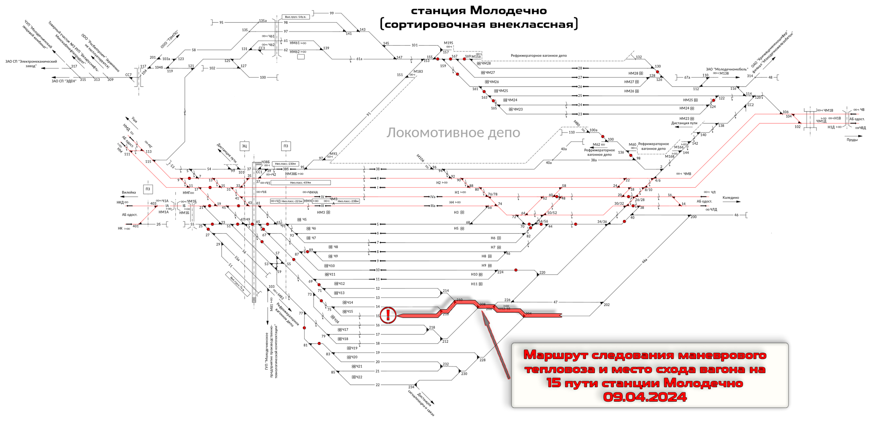 Маршрут следования маневрового локомотива и место схода вагона на 15 пути станции Молодечно 09.04.2024