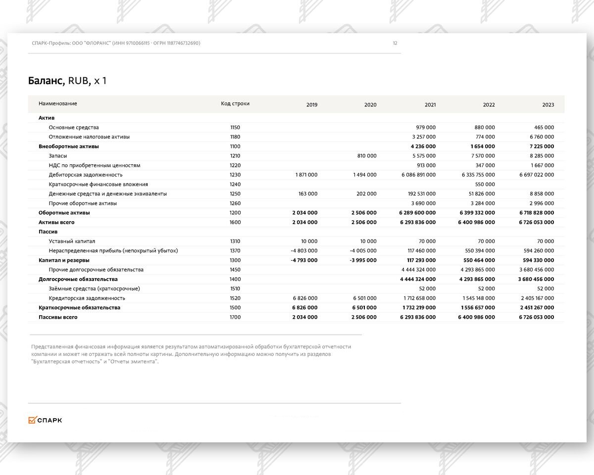 Выписка из СПАРК-Интерфакс (финансовые показатели) по компании ООО «ФЛОРАНС» (Страница 5 из 17)